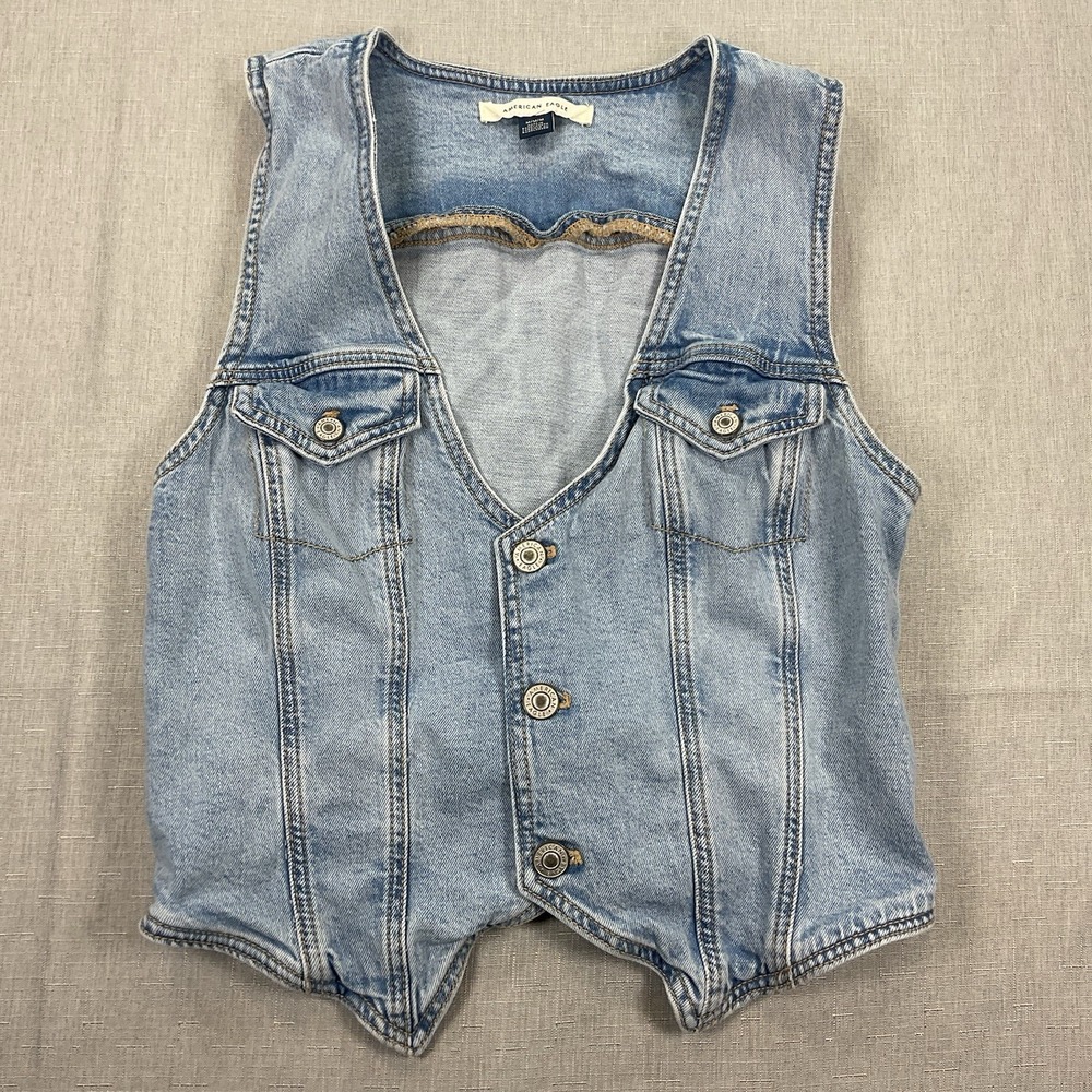 American Eagle V-Neck Light Wash Denim Button Vest Size M Point Cut Cropped